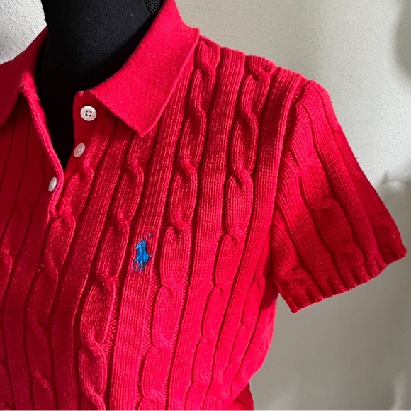 Ralph Lauren Sweaters - Ralph Lauren Women’s Red 100% Cotton Cable Knit Short Sleeve Sweater XL